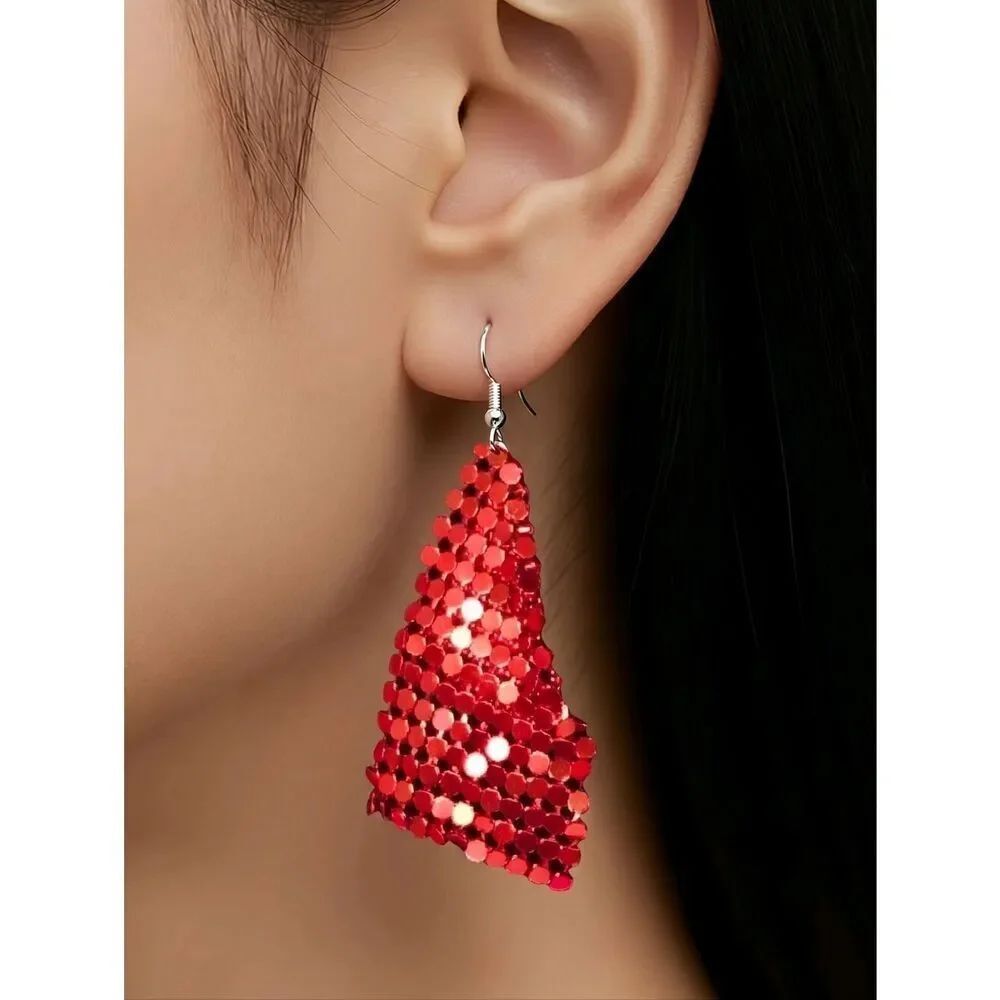 Red Sequin Mesh Earrings Sparkly Metallic Dangle Holiday Glam Chainmail Luxe
